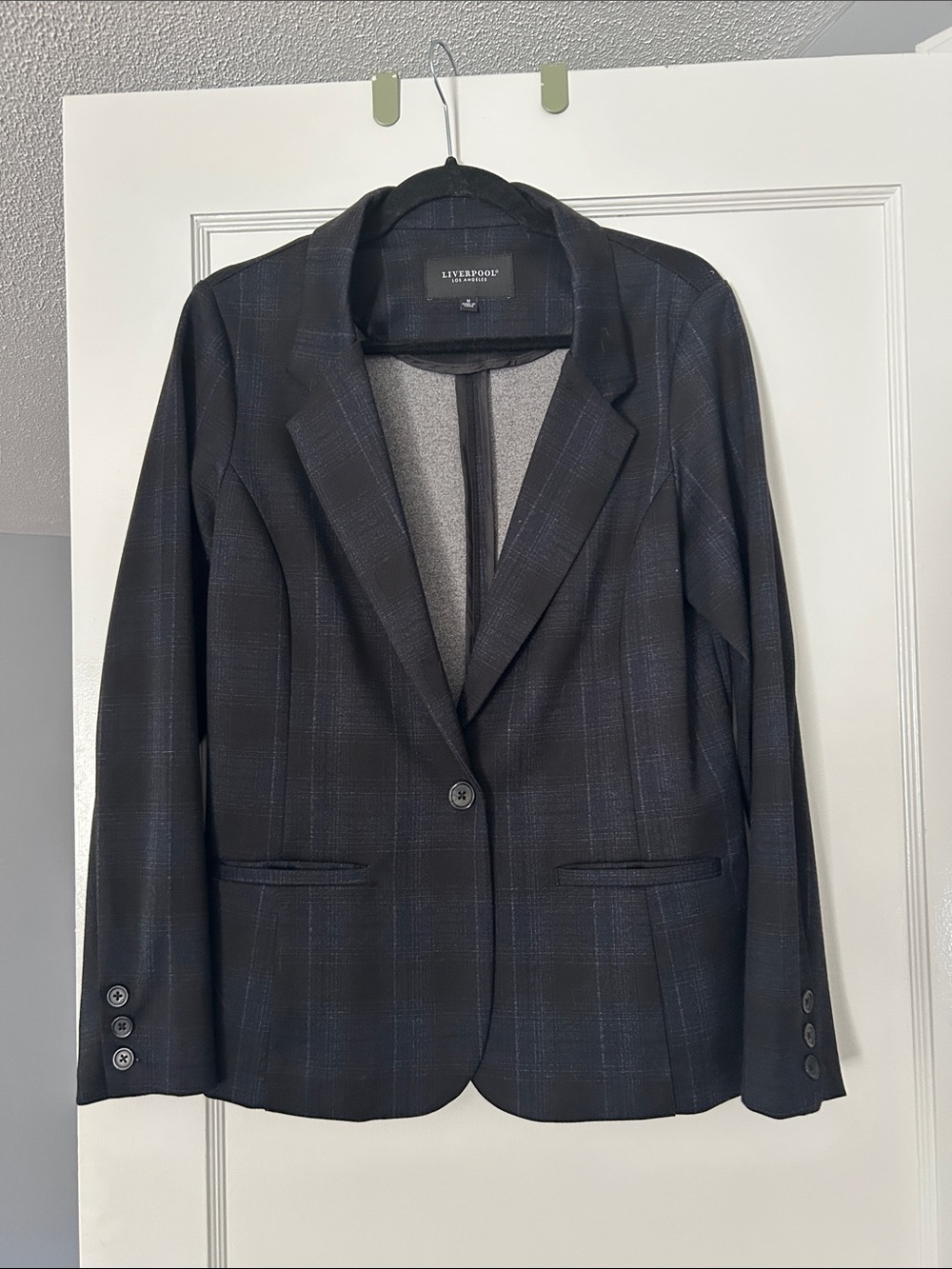 Liverpool Black Plaid Single-Button Blazer with Subtle Navy Windowpane